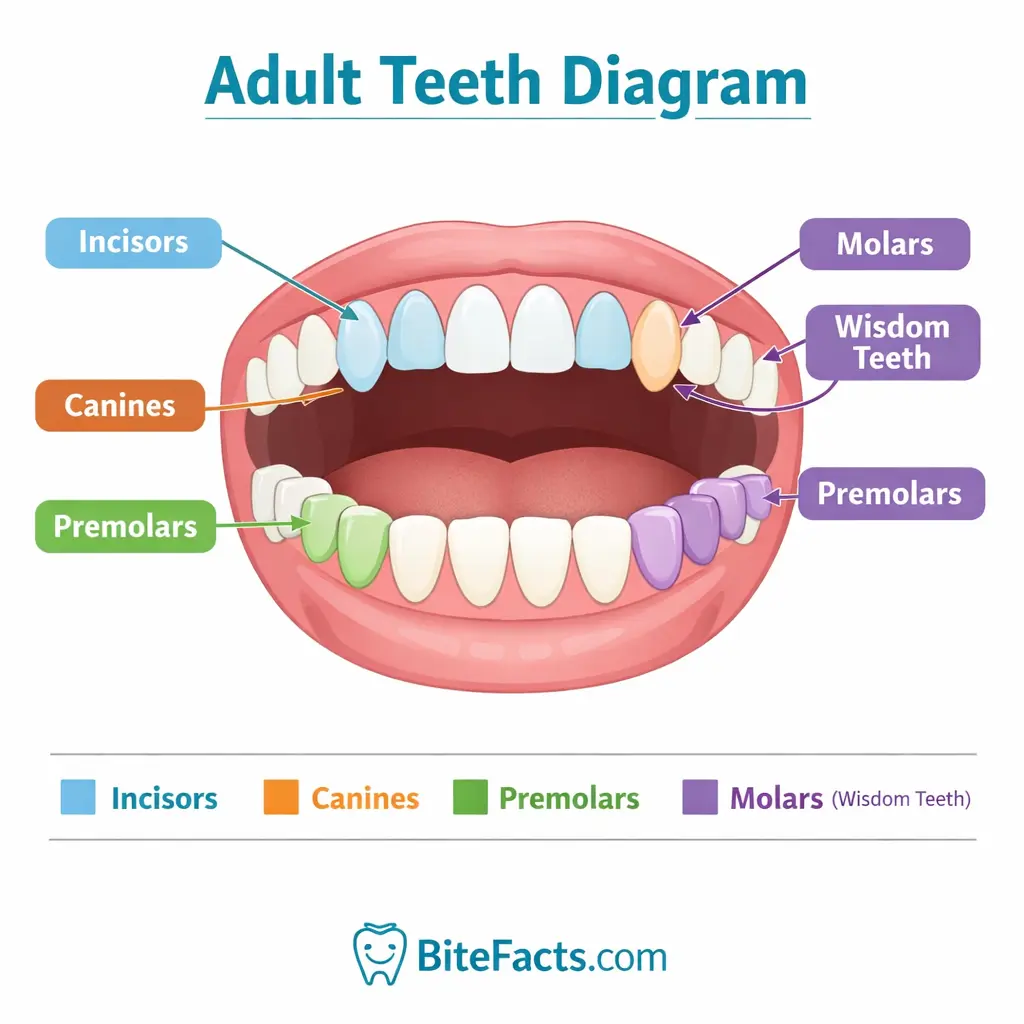 Adult teeth diagram showing 32 teeth including wisdom teeth