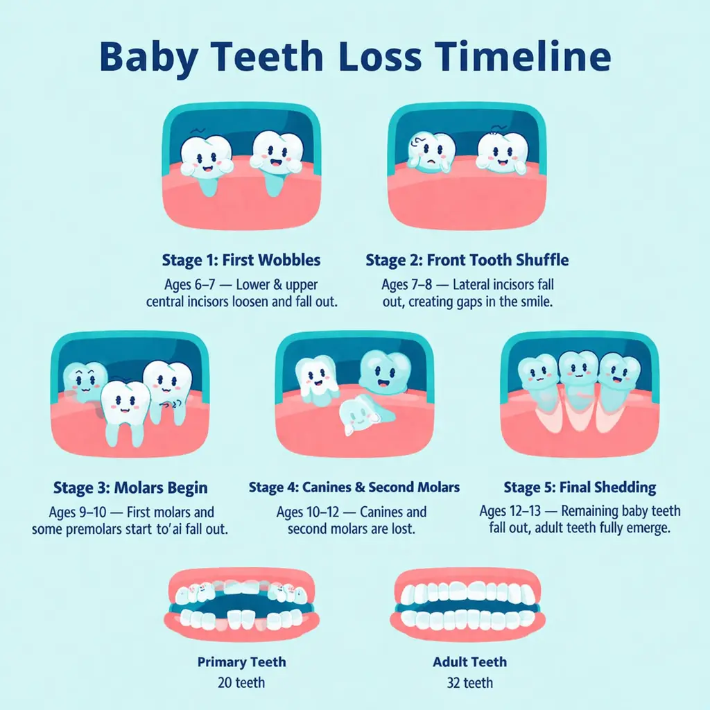 Kids Baby Teeth Loss Timeline Infographic showing ages 6–13 stages with icons for incisors, canines, molars, and permanent teeth. Key stages: first wobbles, front tooth shuffle, molars begin, canines & second molars, final shedding.