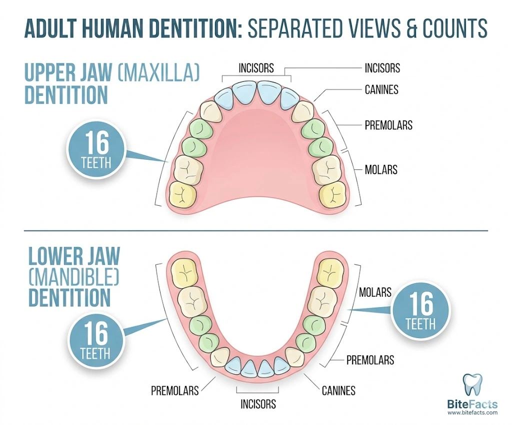 How many teeth do adults have on top and bottom jaw diagram