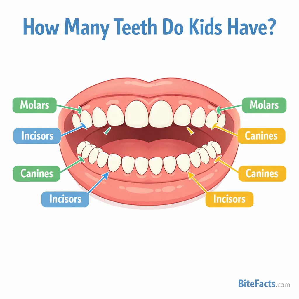 How Many Teeth Do Kids Have? (By Age, Charts, Facts & Timeline) Child mouth diagram showing 20 baby teeth with labeled incisors, canines, and molars