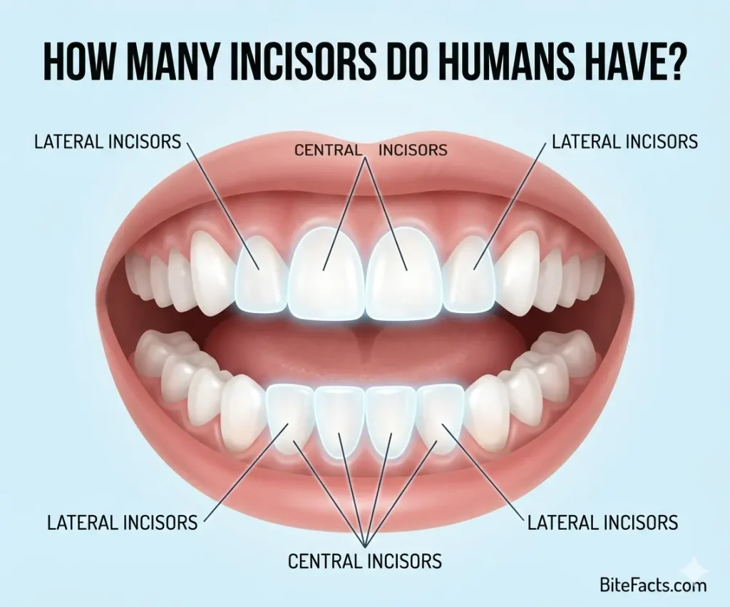How Many Incisors Do Humans Have? A Simple Guide for Adults & Kids Human incisors highlighted in upper and lower jaw showing central and lateral incisors
