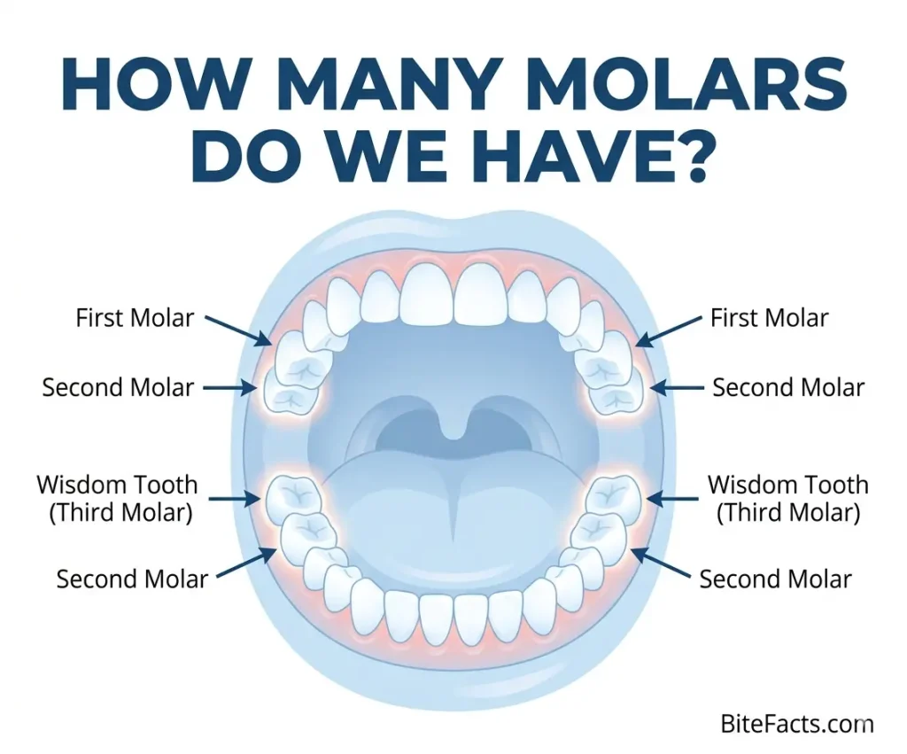 Illustration showing human molars including first molar second molar and wisdom teeth labeled in upper and lower jaw