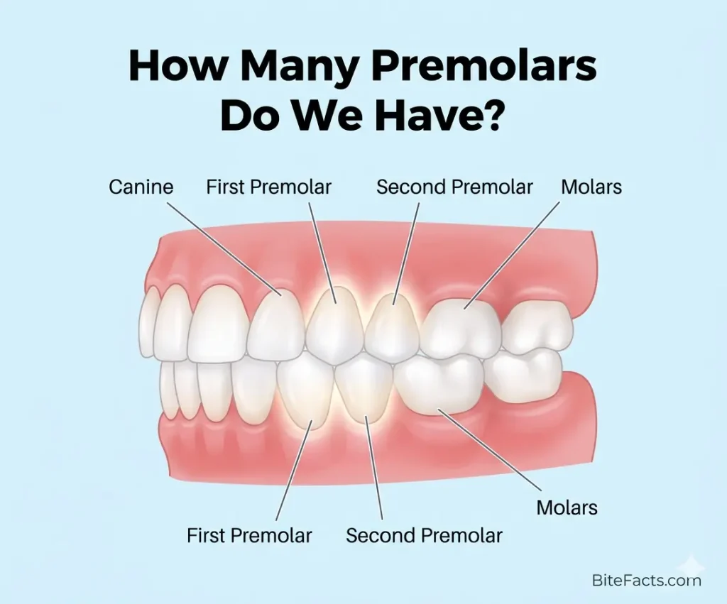 Human premolar teeth highlighted in upper and lower jaw showing first and second premolars